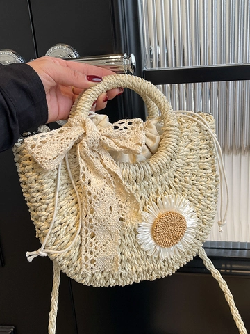 Borsa a Tracolla in Paglia Intrecciata a Mano per Donna Stile Bohemian Con Fiocco di Pizzo e Margherite Borsa da Spiaggia