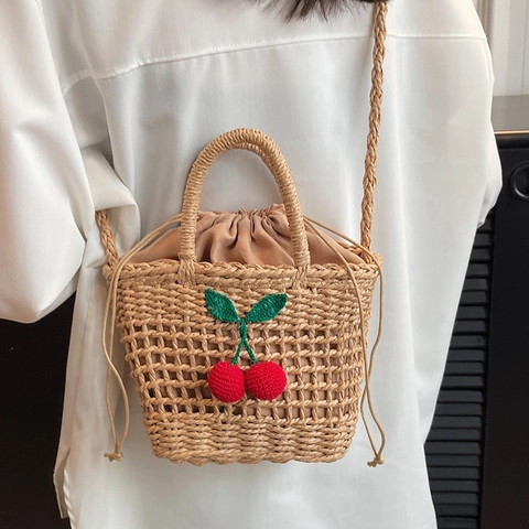 Handwoven Straw Beach Bag For Women Cherry Sunflower Decor Crossbody Shoulder Bag Summer Vacation Handbag With Drawstring