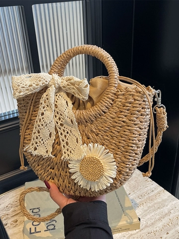 Borsa a Tracolla in Paglia Intrecciata a Mano per Donna Stile Bohemian Con Fiocco di Pizzo e Margherite Borsa da Spiaggia