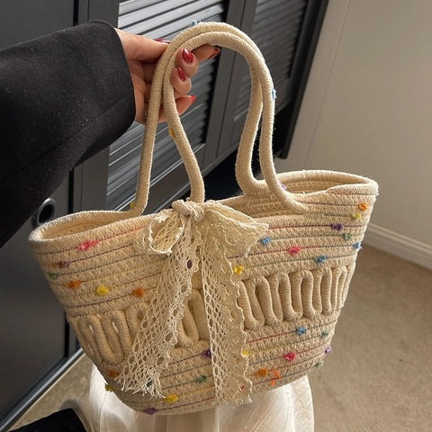 Bolso Bombonera de Cuerda de Algodón Tejido a Mano para Mujer Bolso de Playa con Lazo de Encaje para Vacaciones de Verano