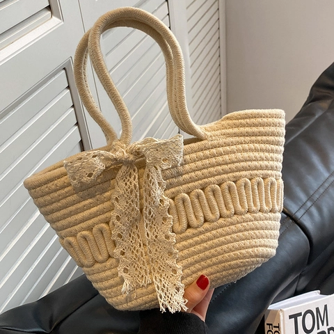 Bolso Bombonera de Cuerda de Algodón Tejido a Mano para Mujer Bolso de Playa con Lazo de Encaje para Vacaciones de Verano