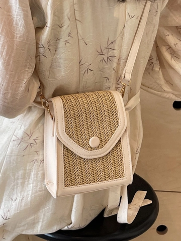 Women Hand-woven Straw Messenger Bag Fashion Synthetic Leather Patchwork Shoulder Bag Summer Beach Small Square Phone Bag