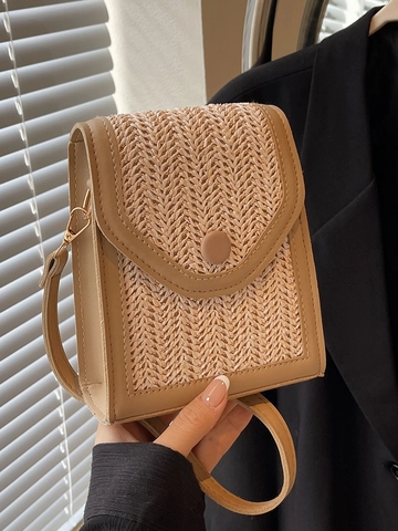 Women Hand-woven Straw Messenger Bag Fashion Synthetic Leather Patchwork Shoulder Bag Summer Beach Small Square Phone Bag
