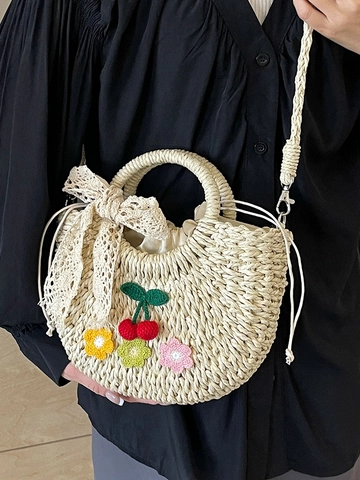 Women Handmade Woven Straw Shoulder Bag Floral Cherry Decoration Lace Bow Summer Beach Crossbody Basket Bag Handbag