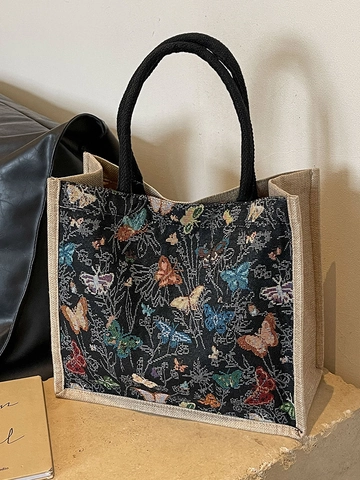 Butterfly Pattern Jacquard Large Capacity Tote Bag Cotton Linen Commuter Shoulder Handbag For Women Daily Travel Shopping