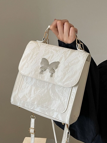 Women Polyurethane Crinkled Texture Shoulder Bag With Metal Butterfly Ornament Niche Design Handbag Small Square Backpack