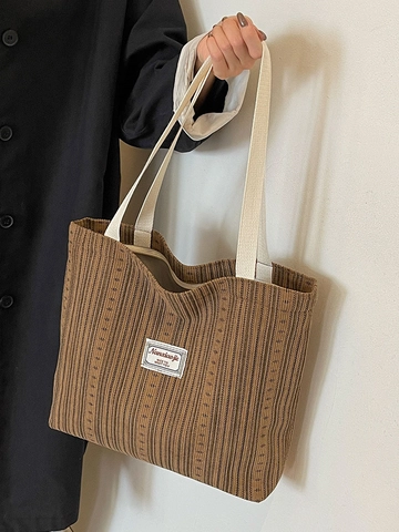 Borsa Tote in Velluto a Coste da Donna Grande Capacità a Strisce Verticali Borsa a Spalla per Studenti Casual Cerniera