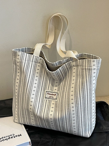Borsa Tote in Velluto a Coste da Donna Grande Capacità a Strisce Verticali Borsa a Spalla per Studenti Casual Cerniera