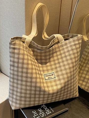 Women Large Capacity Plaid Corduroy Tote Bag Retro Checkered Shoulder Bag Casual Commuter Handbag For Students Work Daily Use