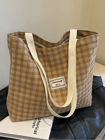 Women Large Capacity Plaid Corduroy Tote Bag Retro Checkered Shoulder Bag Casual Commuter Handbag For Students Work Daily Use