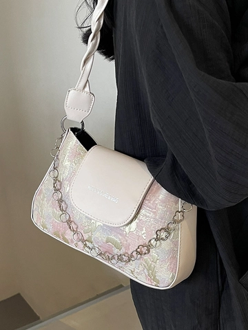 Bolso de Axila de Jacquard Floral Retro Francés para Mujer Bolso de Hombro de Cuero de PU con Cadena de Flores de Metal