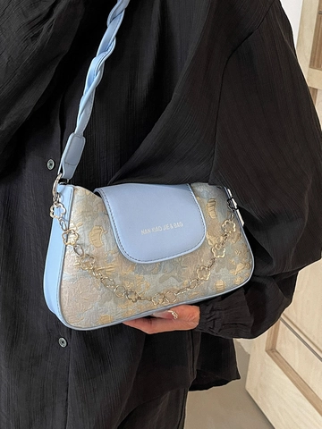 2024 New Fashion Women Baguette Bag Floral Jacquard Shoulder Bag PU Leather Crossbody Bag With Flower Metal Chain Handbag