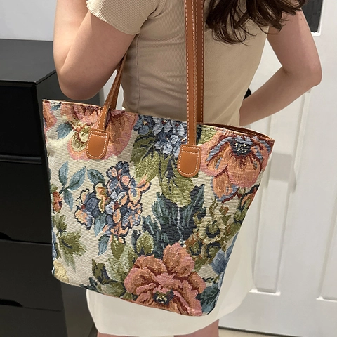 Women Vintage Floral Jacquard Canvas Tote Bag Large Capacity Commuter Shoulder Bag With Leather Straps Retro Style