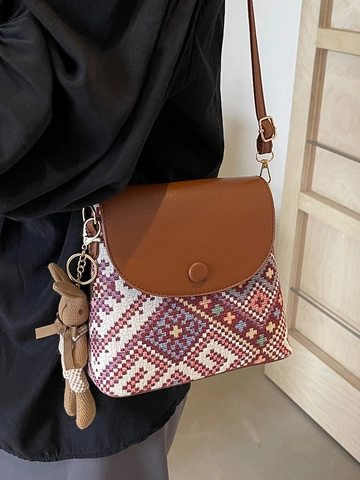 Borsa a Tracolla Vintage Donna Borsa per Cellulare in Pelle PU Intrecciata Motivo Geometrico Piccola Borsa a Secchiello Con Ciondolo Coniglio