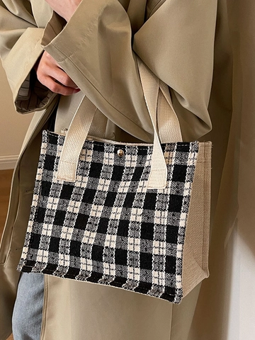 Bolso Tote de Algodón y Lino a Cuadros Retro para Mujer Bolso de Mano Vintage Cierre Magnético Bolso de Hombro Casual Compras