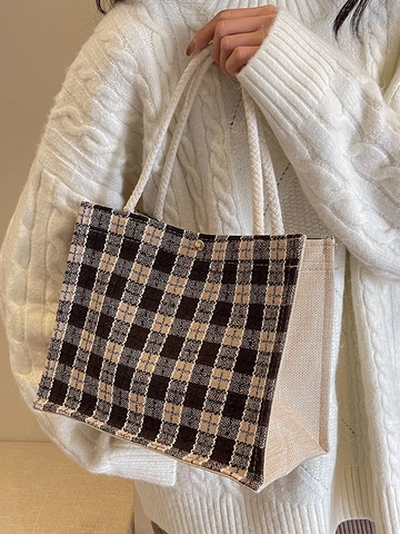 Bolso Tote de Algodón y Lino a Cuadros Retro para Mujer Bolso de Mano Vintage Cierre Magnético Bolso de Hombro Casual Compras