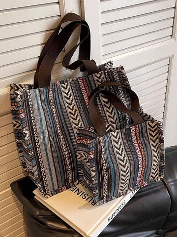 Damen Ethno Gewebte Leinwand Tote Bag Große Kapazität Bohemian Geometrische Muster Schultertasche Mode Täglich Pendler Handtasche