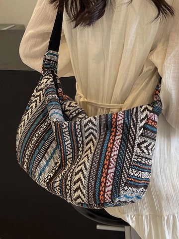 Bolso de Hombro de Lona Bohemio para Mujer Gran Capacidad Patrón Geométrico Étnico Bolso Bandolera Hobo Retro Moda Viaje Shopping