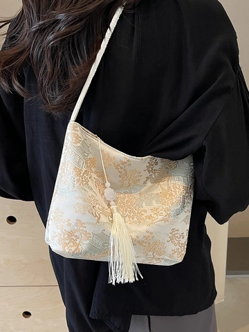 New Chinese Style Jacquard Bucket Bag For Women Vintage Landscape Floral Shoulder Bag With Long Tassel Decoration Trendy Chic Small Crossbody Bag