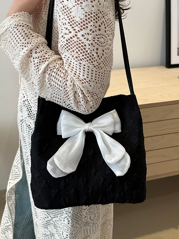 Damen Koreanischer Stil Leinwand Schultertasche Große Schleife Dekoration 3D Geprägtes Muster Süße Mode Tragetasche Beuteltasche