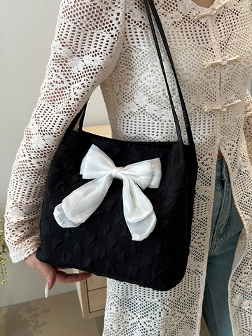 Damen Koreanischer Stil Leinwand Schultertasche Große Schleife Dekoration 3D Geprägtes Muster Süße Mode Tragetasche Beuteltasche