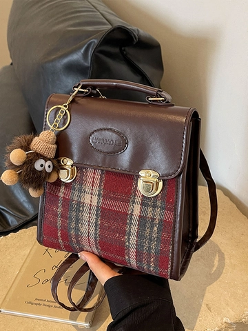 Retro Ruit Patchwork Rugzak Voor Vrouwen Mode PU Leer Schoudertas Veelzijdige Britse Stijl Vierkante Handtas Met Hanger