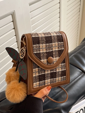 Women Retro Plaid Mini Mobile Phone Crossbody Bag PU Leather Patchwork Small Square Bag With Fur Ball Cherry Pendant Stylish Bag