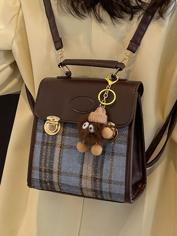 Retro Ruit Patchwork Rugzak Voor Vrouwen Mode PU Leer Schoudertas Veelzijdige Britse Stijl Vierkante Handtas Met Hanger