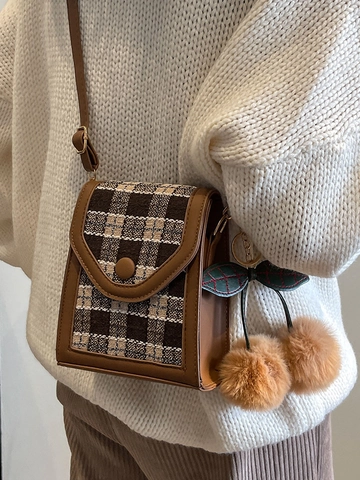 Women Retro Plaid Mini Mobile Phone Crossbody Bag PU Leather Patchwork Small Square Bag With Fur Ball Cherry Pendant Stylish Bag