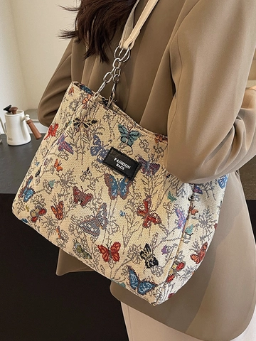 Vintage Canvas Butterfly Pattern Tote Bag For Women Large Capacity Shoulder Bag With Chain Strap Fashion Commuting Bag
