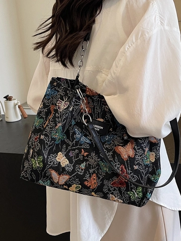 Vintage Canvas Butterfly Pattern Tote Bag For Women Large Capacity Shoulder Bag With Chain Strap Fashion Commuting Bag