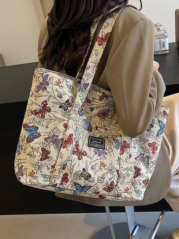 Borsa Tote Vintage in PU Jacquard con Farfalle per Donna Borsa a Spalla di Grande Capacità Moda Toppa Lettera Borsa Pendolare