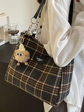Damen Retro Plaid Wollstoff Tragetasche Große Kapazität Pendler Umhängetasche Mit Plüsch Monster Anhänger Student Schultasche