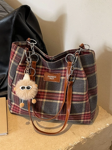 Damen Retro Plaid Wollstoff Tragetasche Große Kapazität Pendler Umhängetasche Mit Plüsch Monster Anhänger Student Schultasche