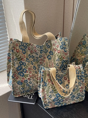Vintage Floral Canvas Tote Bag Large Capacity Jacquard Fabric Shoulder Bag For Women Retro Casual Handbag For School Travel Commute