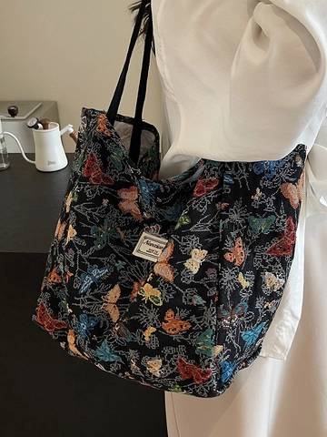 Damen Große Kapazität Segeltuch Einkaufstasche Bunter Schmetterling Jacquard Schultertasche Mode Lässige Pendeln Handtasche Damen
