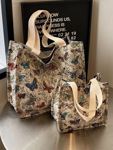 Borsa Tote da Donna Vintage in Tela Jacquard con Farfalle Grande Capacità Pendolare Borsa a Spalla Casual Retro a Mano