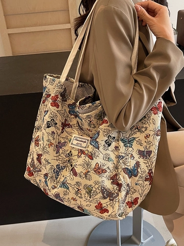 Damen Große Kapazität Segeltuch Einkaufstasche Bunter Schmetterling Jacquard Schultertasche Mode Lässige Pendeln Handtasche Damen
