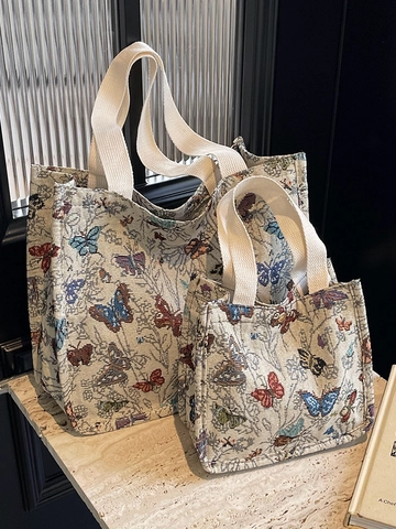 Borsa Tote da Donna Vintage in Tela Jacquard con Farfalle Grande Capacità Pendolare Borsa a Spalla Casual Retro a Mano