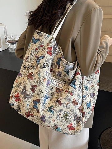 Große Kapazität Segeltuch Tote Tasche Für Damen Mode Schmetterling Muster Jacquard Schultertasche Pendeln Shopping Handtasche