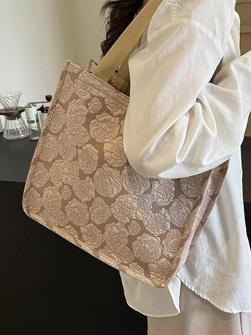 Große Kapazität Jacquard Floral Tragetasche Für Damen Segeltuch Pendler Umhängetasche College Student Handtasche Rose Muster Mode Tasche