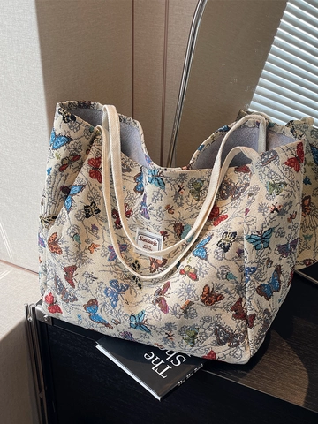 Große Kapazität Segeltuch Tote Tasche Für Damen Mode Schmetterling Muster Jacquard Schultertasche Pendeln Shopping Handtasche