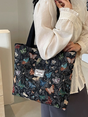 Women Vintage Butterfly Pattern Canvas Tote Bag Large Capacity Jacquard Shoulder Bag For Work School Shopping Travel
