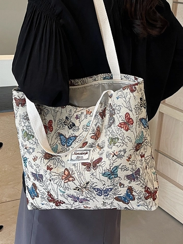 Women Vintage Butterfly Pattern Canvas Tote Bag Large Capacity Jacquard Shoulder Bag For Work School Shopping Travel