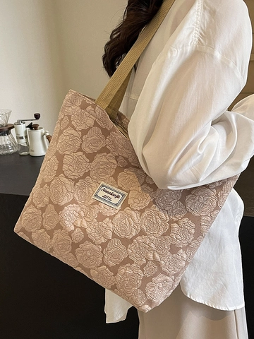 Vintage 3D Rose Jacquard Segeltuch Tragetasche Für Damen Große Kapazität Floral Schultertasche Koreanischer Stil Pendler Handtasche