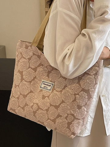 Vintage 3D Rose Jacquard Segeltuch Tragetasche Für Damen Große Kapazität Floral Schultertasche Koreanischer Stil Pendler Handtasche