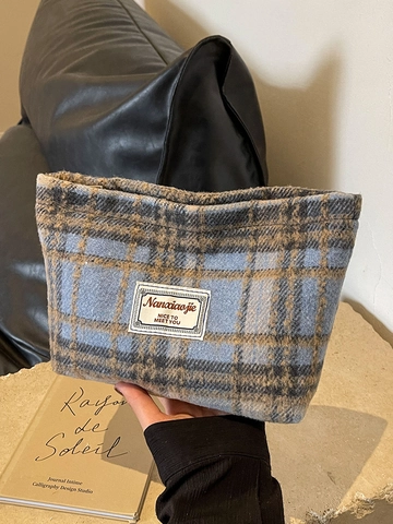 Vintage Wollen Plaid Clutch-Tasche Für Damen Vielseitige Kosmetiktasche Abendtasche Mit Reißverschluss Weiche Tweed-Kulturbeutel