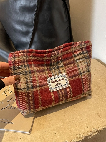 Vintage Wollen Plaid Clutch-Tasche Für Damen Vielseitige Kosmetiktasche Abendtasche Mit Reißverschluss Weiche Tweed-Kulturbeutel