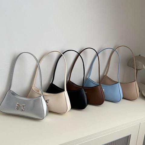 Bolso de Hombro de Cuero PU Vintage con Lazo para Mujer Elegante Color Sólido Decoración de Metal Bolso Diario