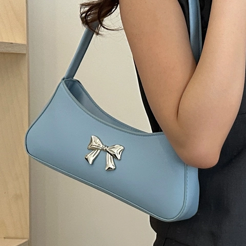 Bolso de Hombro de Cuero PU Vintage con Lazo para Mujer Elegante Color Sólido Decoración de Metal Bolso Diario